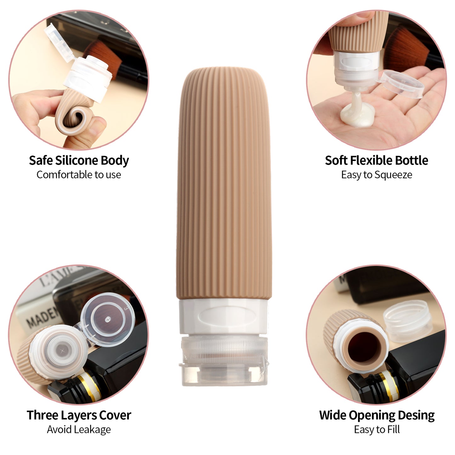 Micebay 6oz Silicone Travel Bottles, Leak Proof Toiletry Containers for Shampoo, Conditioner & Lotion, Apricot