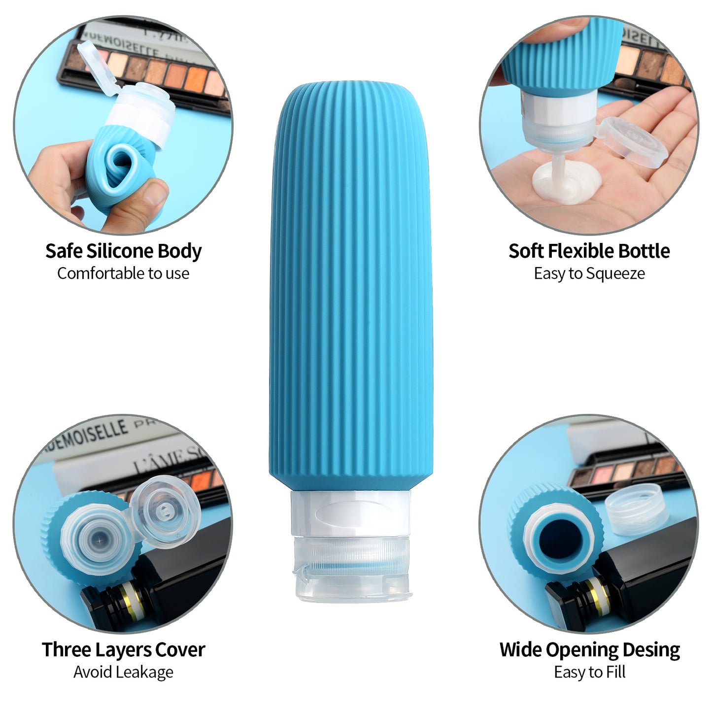 Micebay 6oz Silicone Travel Bottles, Leak Proof Toiletry Containers for Shampoo, Conditioner & Lotion, Blue