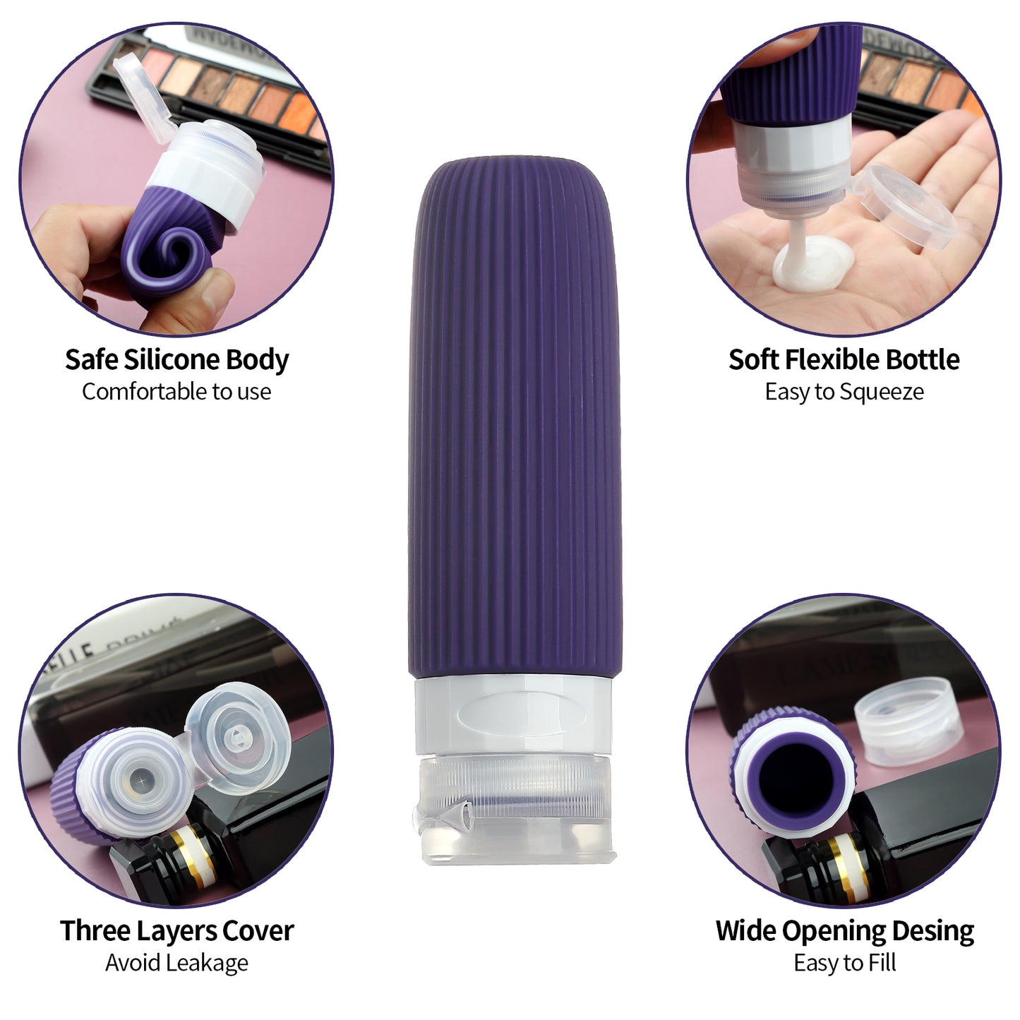 Micebay Silicone Travel Bottles, Leak Proof Toiletry Containers for Shampoo, Conditioner & Lotion, Purple