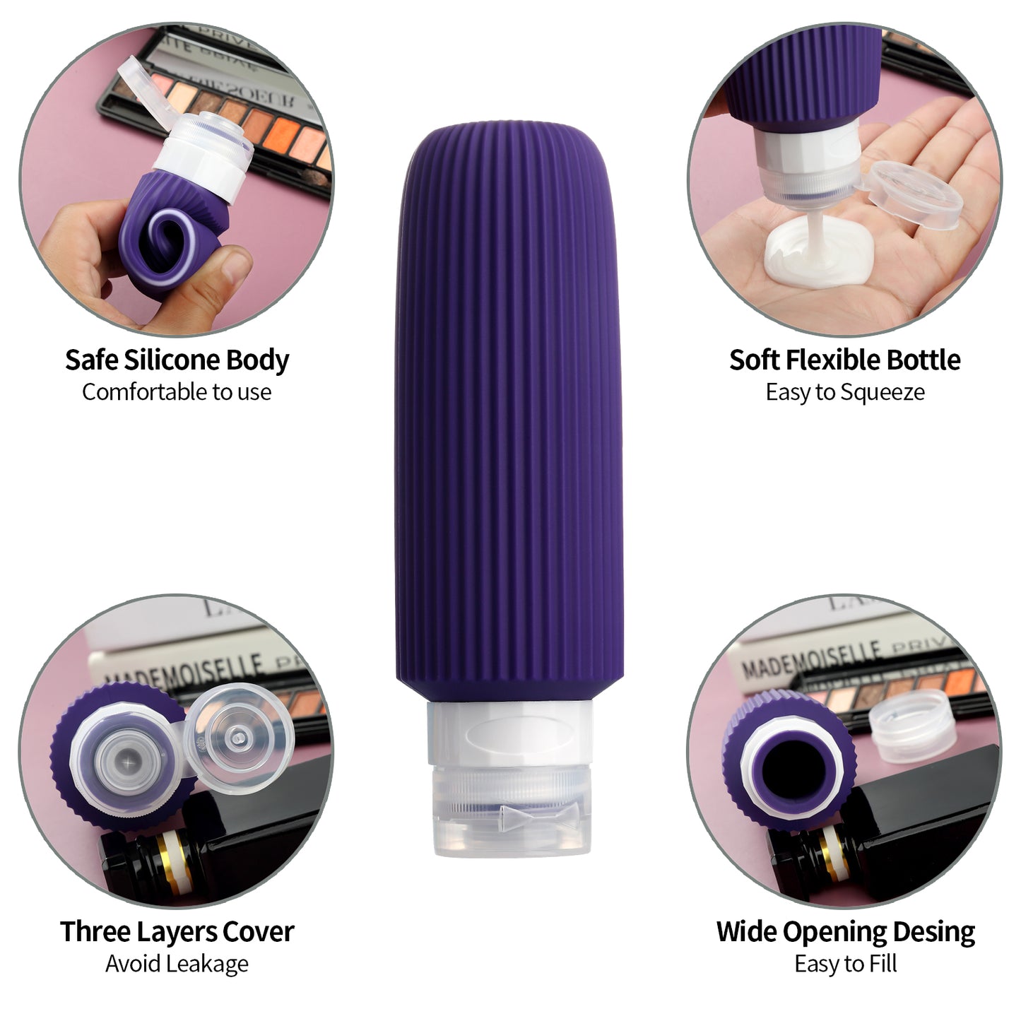 Micebay 6oz Silicone Travel Bottles, Leak Proof Toiletry Containers for Shampoo, Conditioner & Lotion, Purple