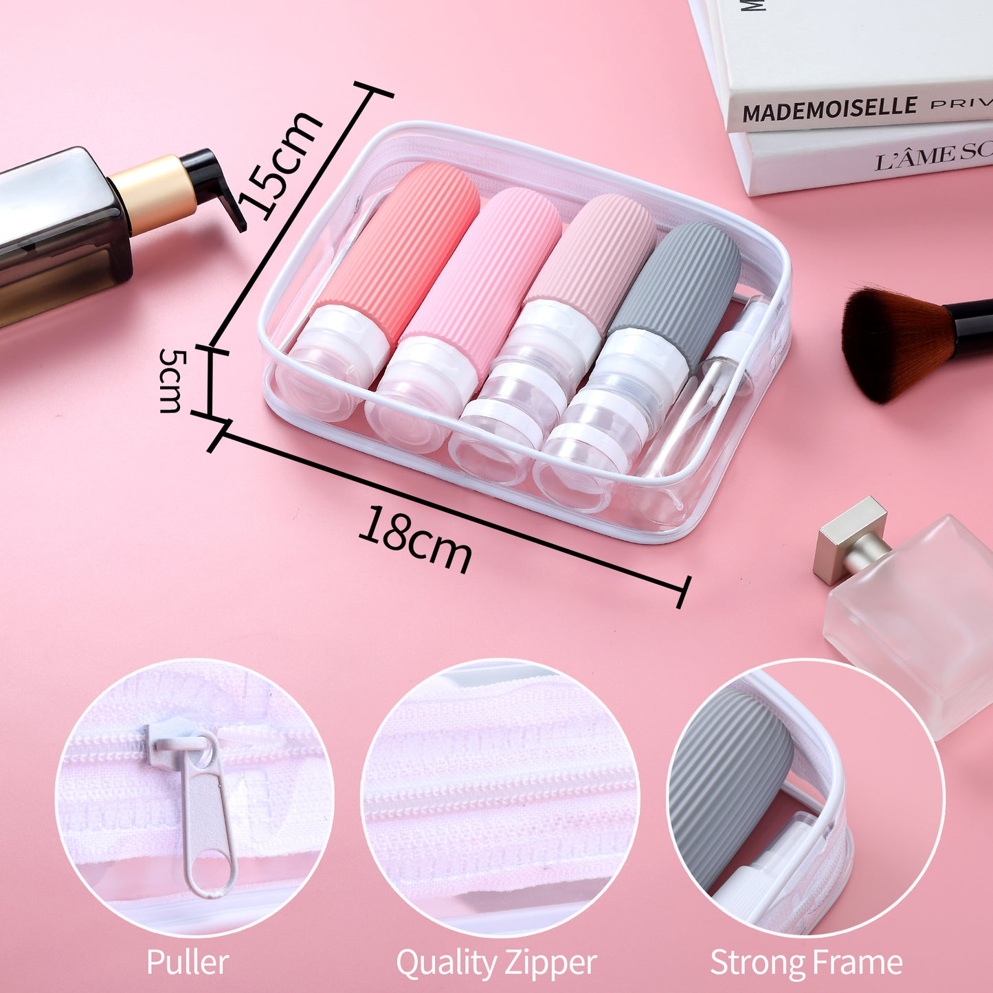 Micebay Silicone Travel Bottles, Leak Proof Toiletry Containers for Shampoo, Conditioner & Lotion, Pink