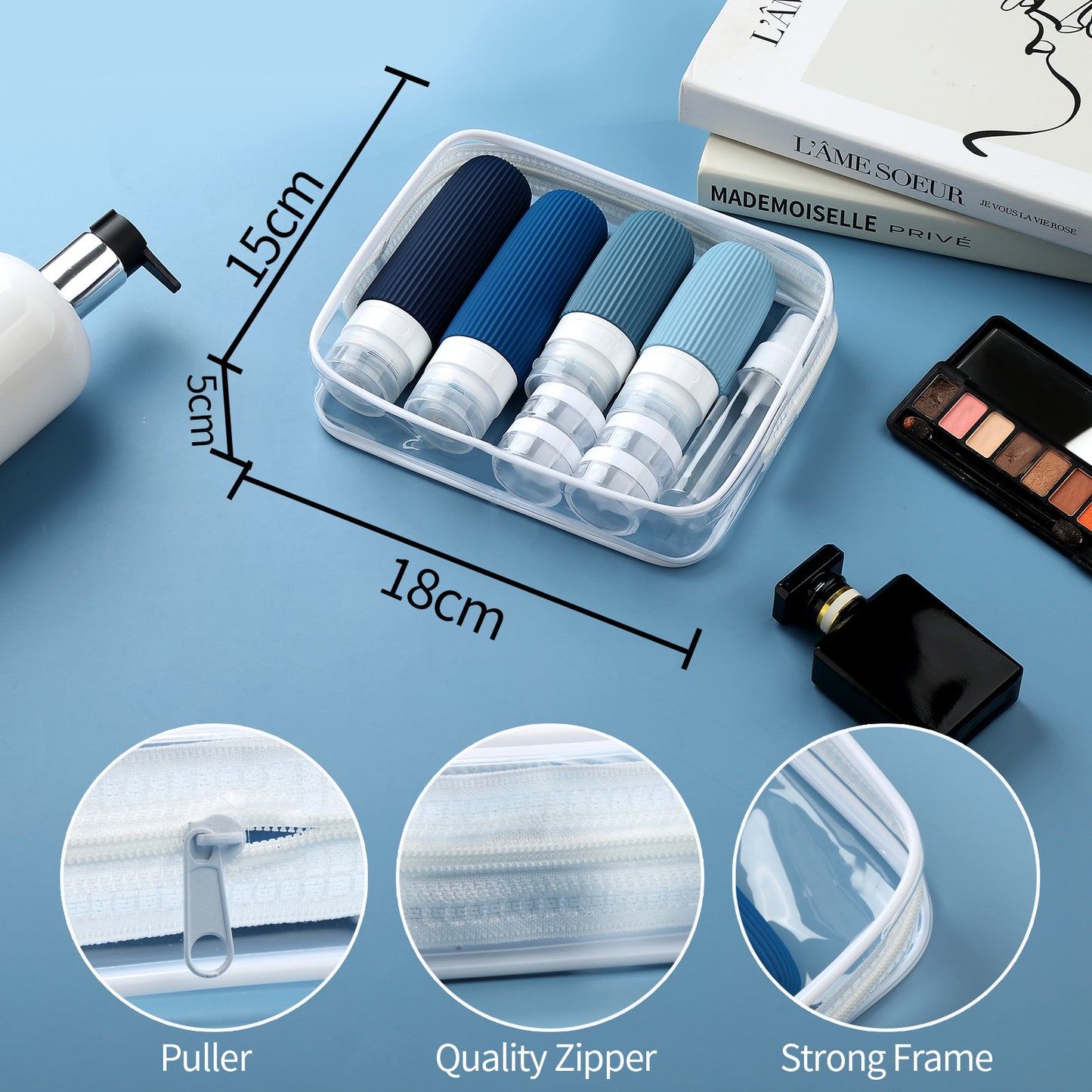 Micebay Silicone Travel Bottles, Leak Proof Toiletry Containers for Shampoo, Conditioner & Lotion, Navy