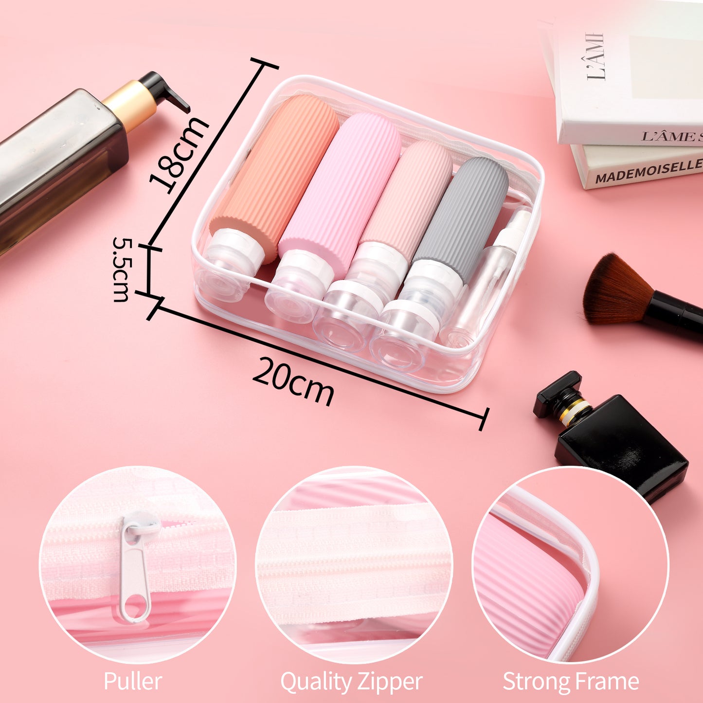 Micebay 6oz Silicone Travel Bottles, Leak Proof Toiletry Containers for Shampoo, Conditioner & Lotion, Pink