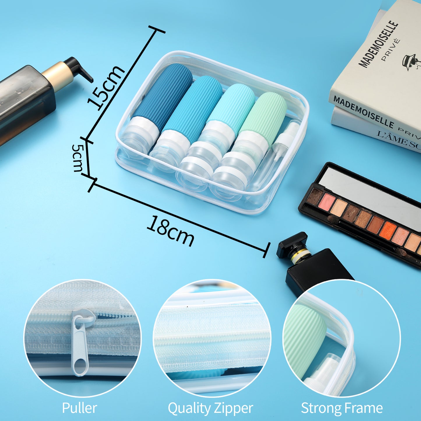 Micebay Silicone Travel Bottles, Leak Proof Toiletry Containers for Shampoo, Conditioner & Lotion, Blue