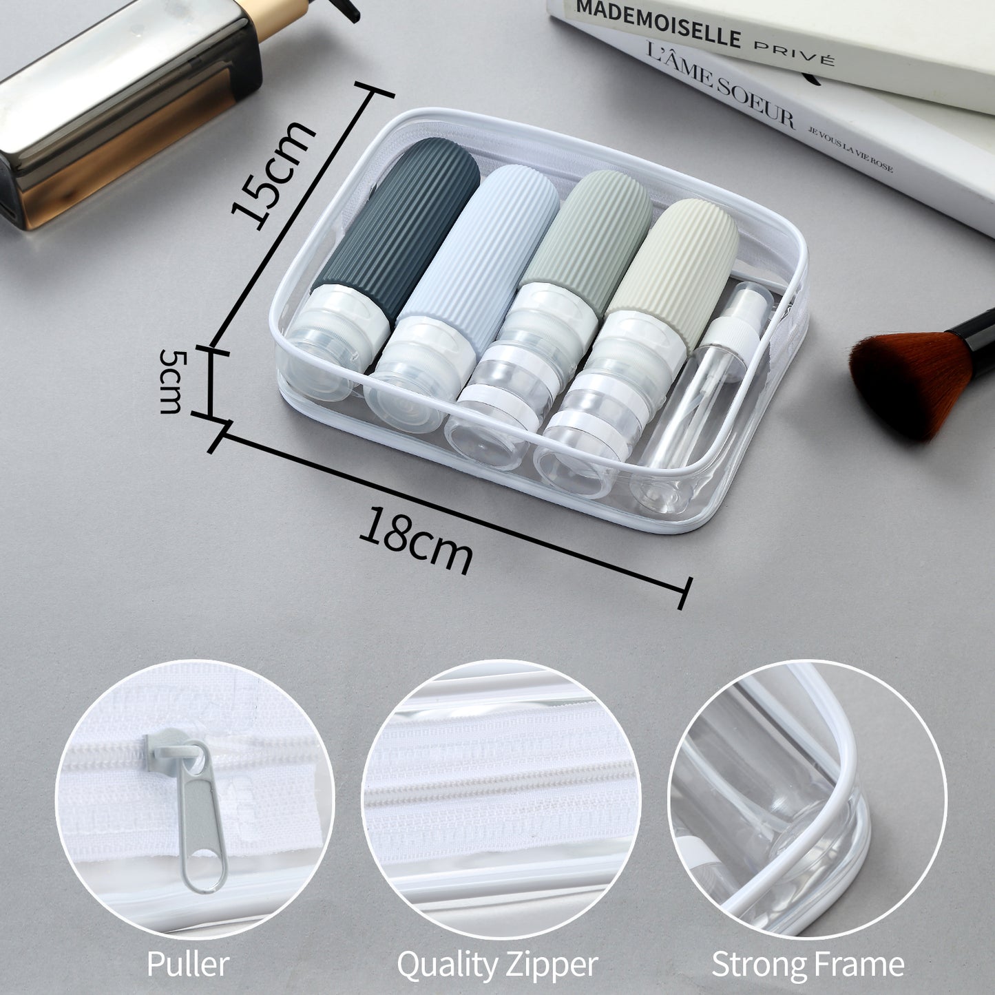 Micebay Silicone Travel Bottles, Leak Proof Toiletry Containers for Shampoo, Conditioner & Lotion, Grey