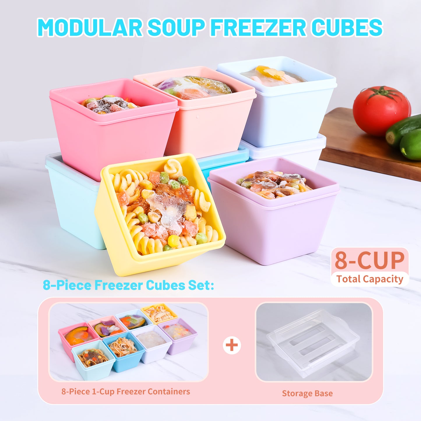 Micebay BPA-Free Silicone Freezer Molds with Base, Individual 8-Pack 1-Cup Portion Soup Cubes Freezer Tray with Lids for Food Storage, Oven & Dishwasher Safe, Silicone Freezer Containers for Meal Prep