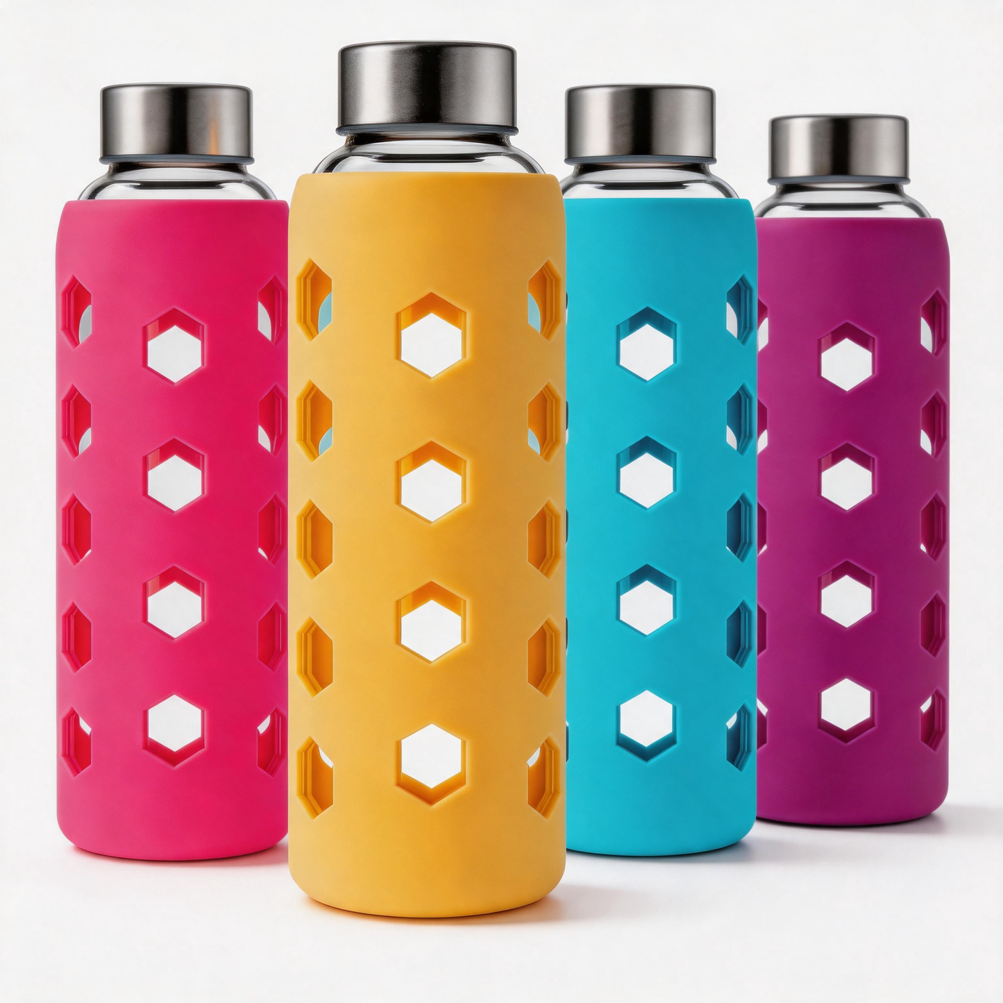 Micebay Glass Juice Bottles with Lids and Silicone Sleeves 18 oz, 4-Pack Reusable Clear Glass Water Bottles with Stainless Steel Airtight Cap for Juicing, Refrigerator, BPA Free Leak-Proof Drinking Jar