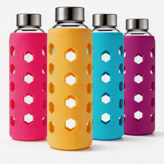 Micebay Glass Juice Bottles with Lids and Silicone Sleeves 18 oz, 4-Pack Reusable Clear Glass Water Bottles with Stainless Steel Airtight Cap for Juicing, Refrigerator, BPA Free Leak-Proof Drinking Jar