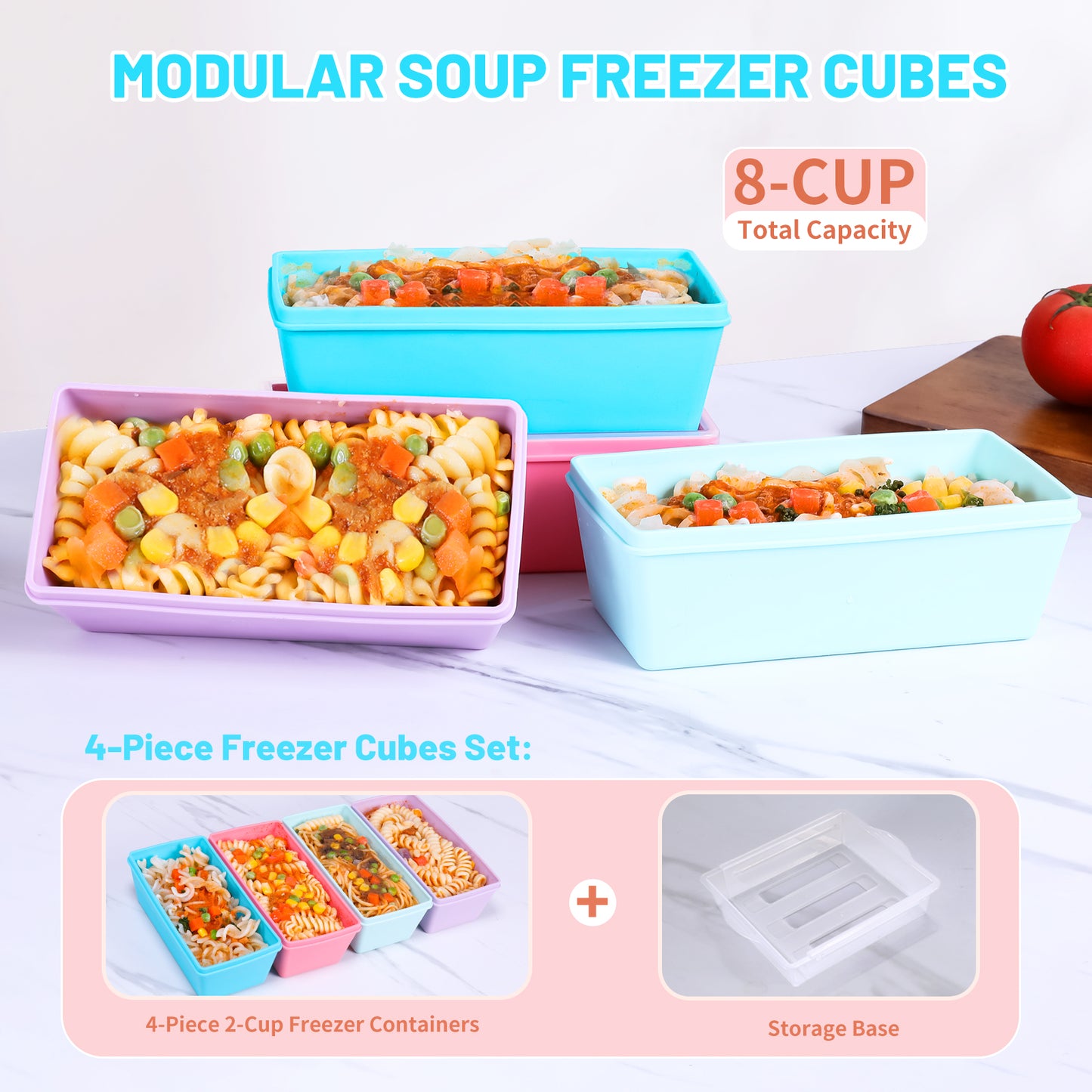 Micebay BPA-Free Silicone Freezer Molds with Base, Individual 4-Pack 2-Cup Portion Soup Cubes Freezer Tray with Lids for Food Storage, Oven & Dishwasher Safe, Silicone Freezer Containers for Meal Prep