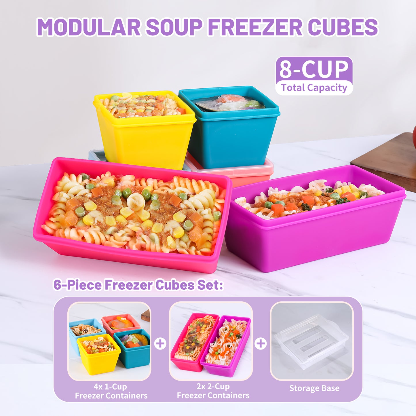 Micebay BPA-Free Silicone Freezer Molds with Base, Individual 6-Pack 1-Cup & 2-Cup Portion Soup Cubes Freezer Tray with Lid for Food Storage, Dishwasher Safe, Silicone Freezer Containers for Meal Prep