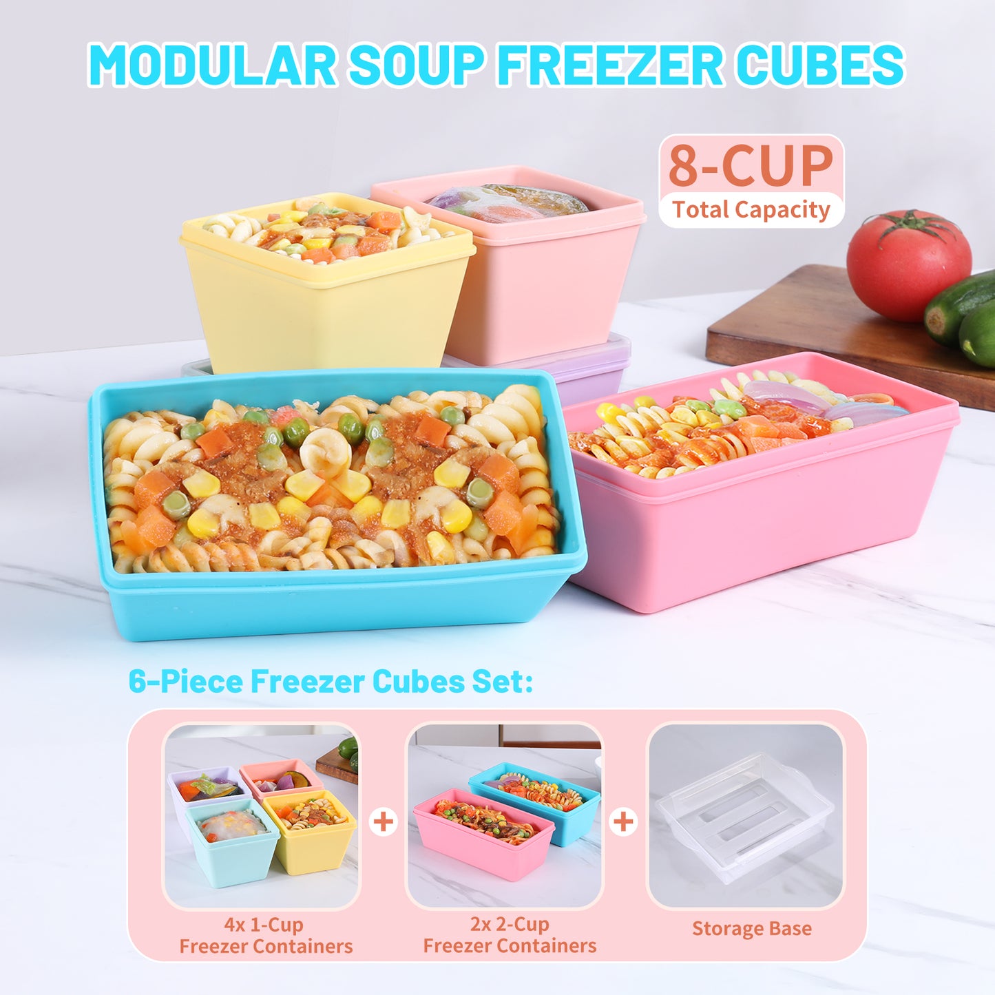 Micebay BPA-Free Silicone Freezer Molds with Base, Individual 6-Pack 1-Cup & 2-Cup Portion Soup Cubes Freezer Tray with Lid for Food Storage, Dishwasher Safe, Silicone Freezer Containers for Meal Prep