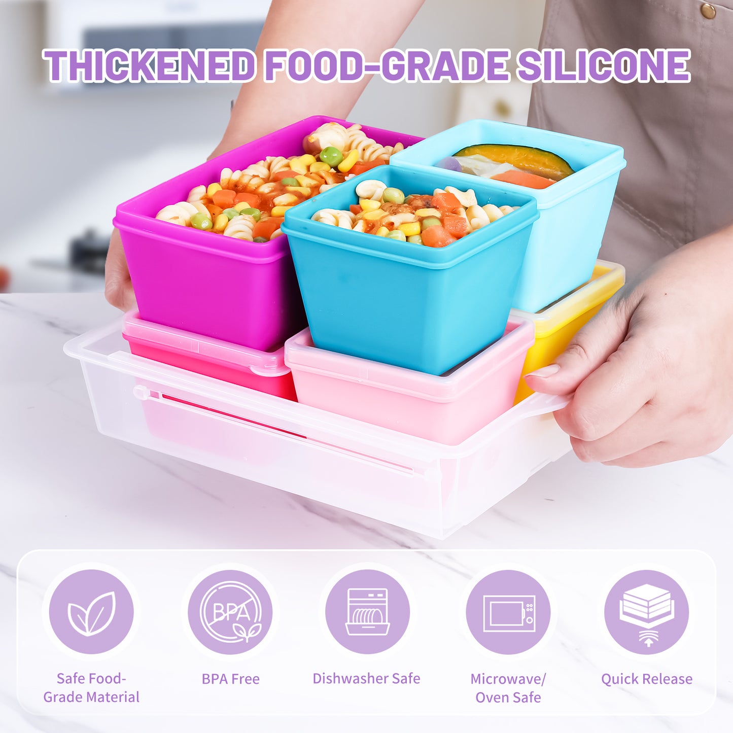 Micebay BPA-Free Silicone Freezer Molds with Base, Individual 6-Pack 1-Cup & 2-Cup Portion Soup Cubes Freezer Tray with Lid for Food Storage, Dishwasher Safe, Silicone Freezer Containers for Meal Prep