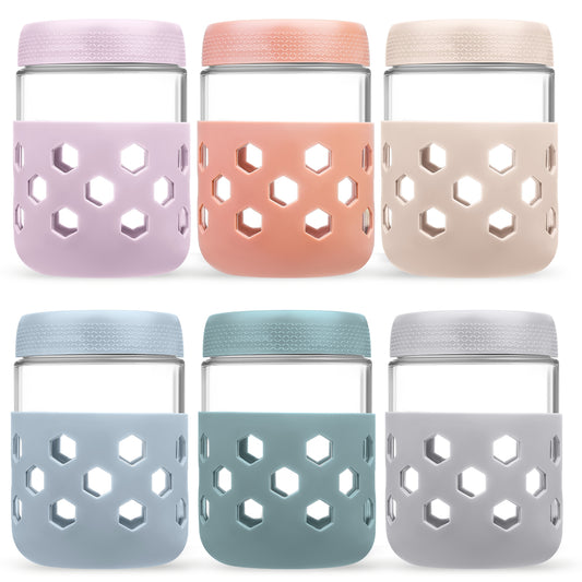 Micebay 6-Pack 16 oz Glass Mason Jars with Silicone Sleeves, Airtight BPA-Free Overnight Oats Containers with Lids, Dishwasher Safe Leak-Proof Meal Prep Jars for Chia Pudding, Yogurt, Snacks