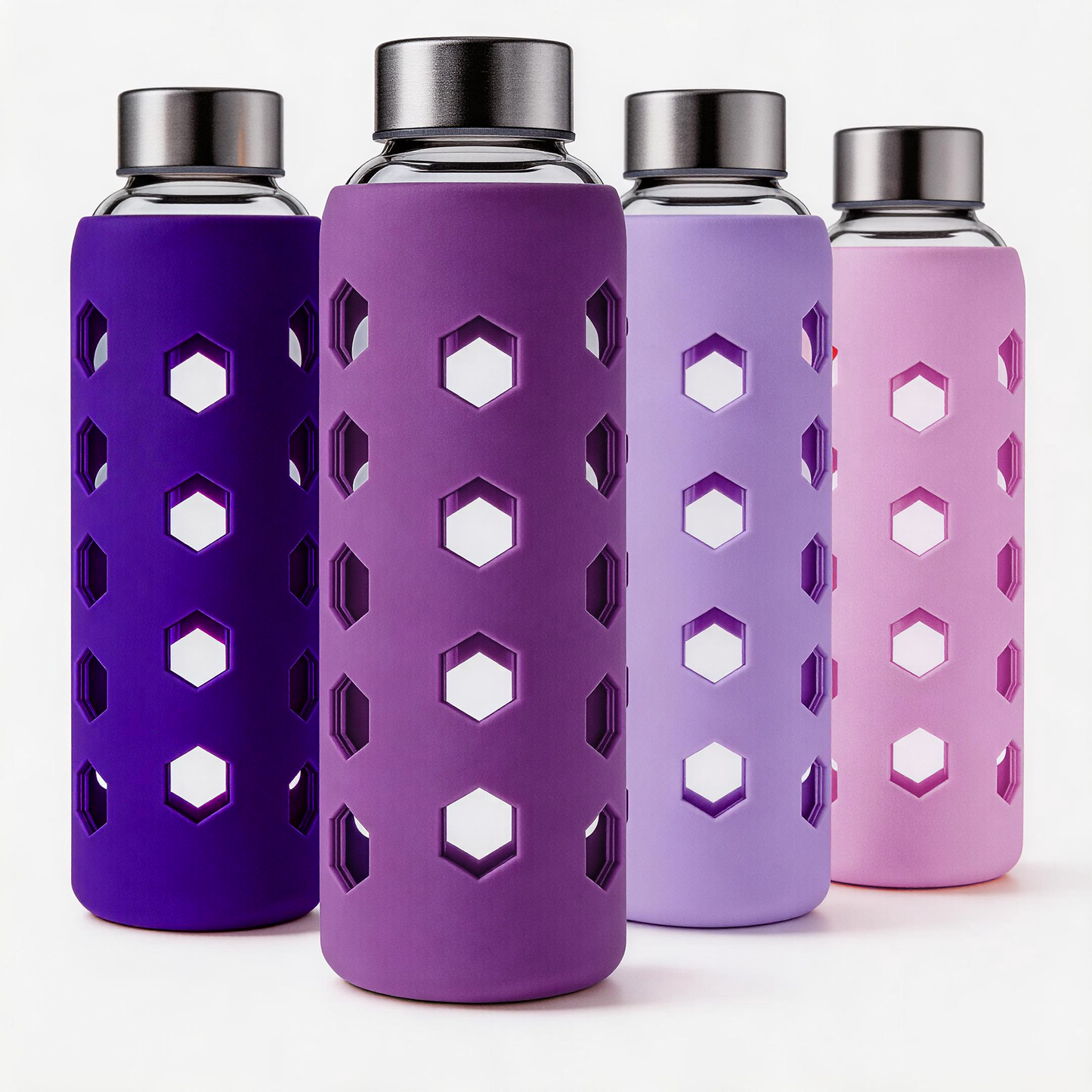 Micebay Glass Juice Bottles with Lids and Silicone Sleeves 18 oz, 4-Pack Reusable Clear Glass Water Bottles with Stainless Steel Airtight Cap for Juicing, Refrigerator, BPA Free Leak-Proof Drinking Jar