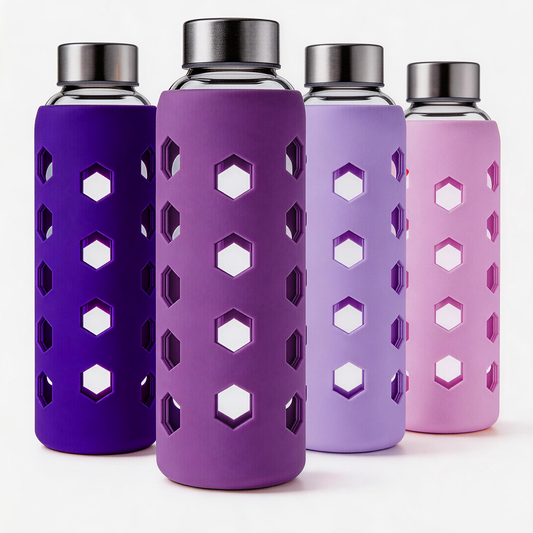 Micebay Glass Juice Bottles with Lids and Silicone Sleeves 18 oz, 4-Pack Reusable Clear Glass Water Bottles with Stainless Steel Airtight Cap for Juicing, Refrigerator, BPA Free Leak-Proof Drinking Jar