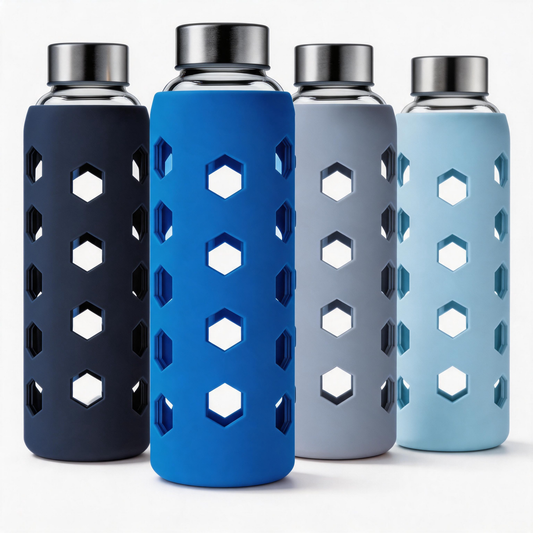 Micebay Glass Juice Bottles with Lids and Silicone Sleeves 18 oz, 4-Pack Reusable Clear Glass Water Bottles with Stainless Steel Airtight Cap for Juicing, Refrigerator, BPA Free Leak-Proof Drinking Jar