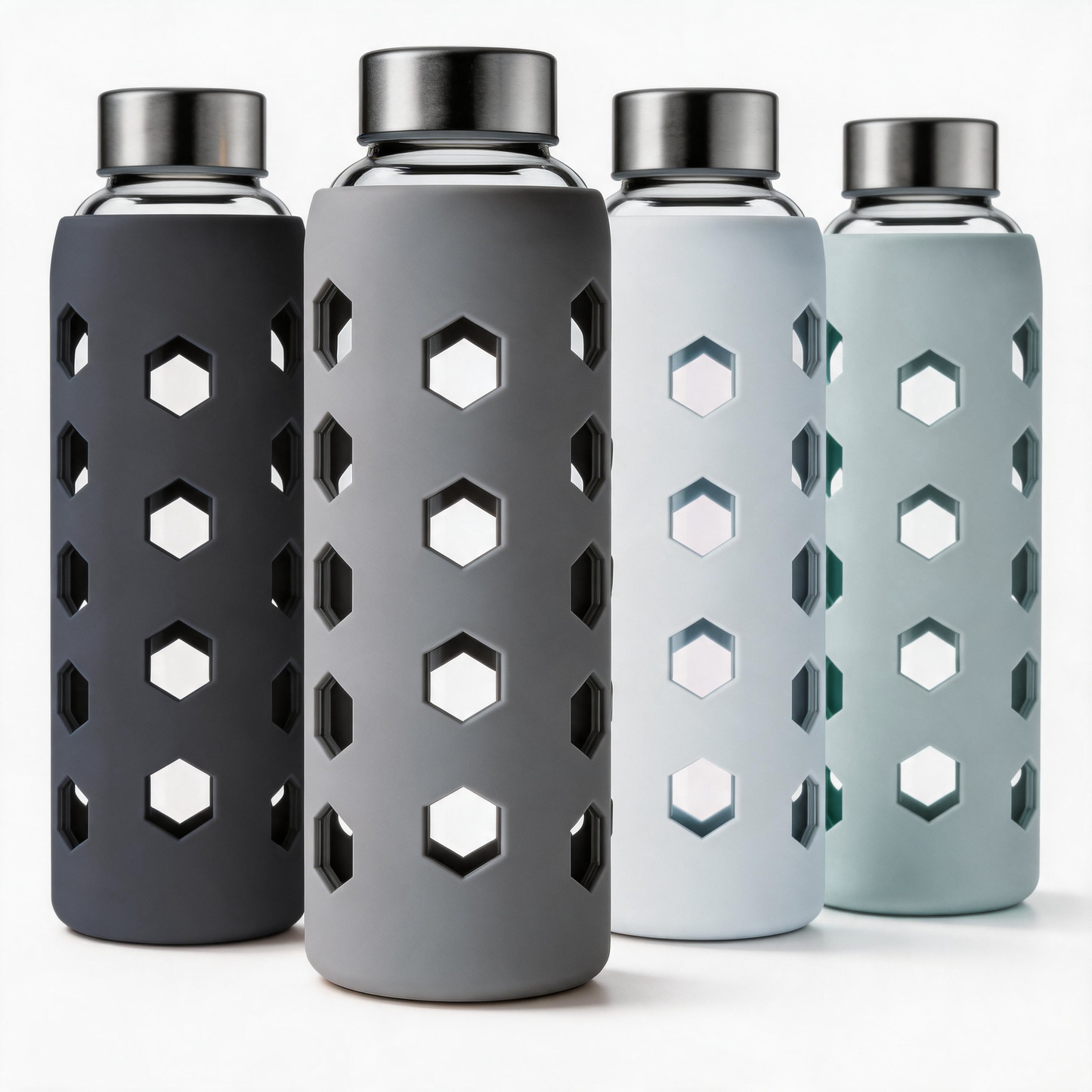 Micebay Glass Juice Bottles with Lids and Silicone Sleeves 18 oz, 4-Pack Reusable Clear Glass Water Bottles with Stainless Steel Airtight Cap for Juicing, Refrigerator, BPA Free Leak-Proof Drinking Jar