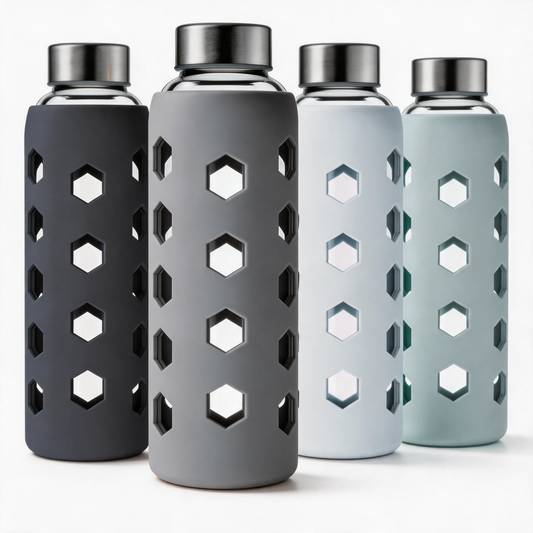 Micebay Glass Juice Bottles with Lids and Silicone Sleeves 18 oz, 4-Pack Reusable Clear Glass Water Bottles with Stainless Steel Airtight Cap for Juicing, Refrigerator, BPA Free Leak-Proof Drinking Jar