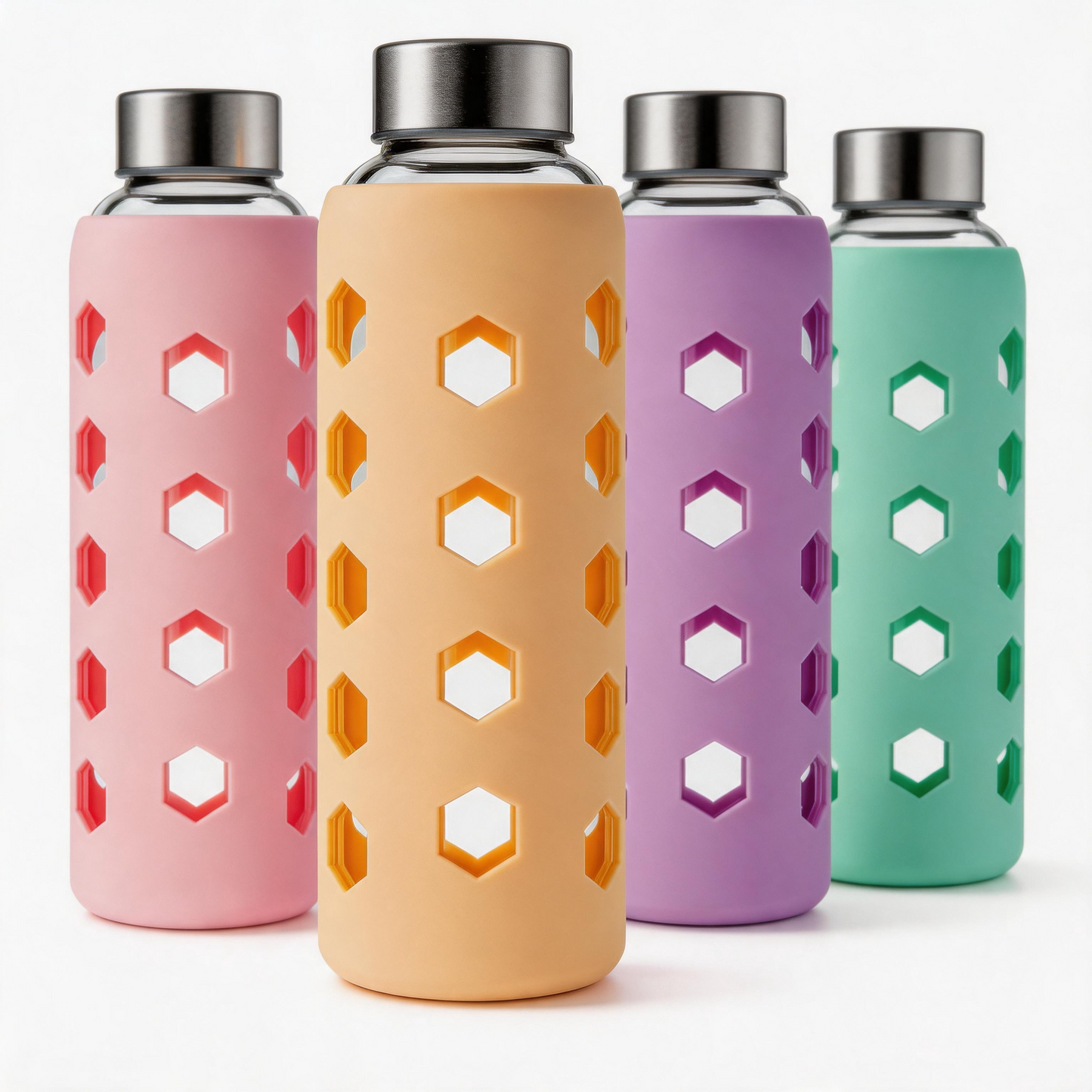 Micebay Glass Juice Bottles with Lids and Silicone Sleeves 18 oz, 4-Pack Reusable Clear Glass Water Bottles with Stainless Steel Airtight Cap for Juicing, Refrigerator, BPA Free Leak-Proof Drinking Jar