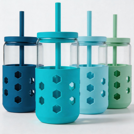 Micebay Glass Cups with Silicone Lids and Straws (4 Pcs), 16oz Drinking Glasses Set with Silicone Sleeves for Coffee Bar Accessories Iced Coffee Cups with Lids, Glass Tumbler Reusable for Gifts
