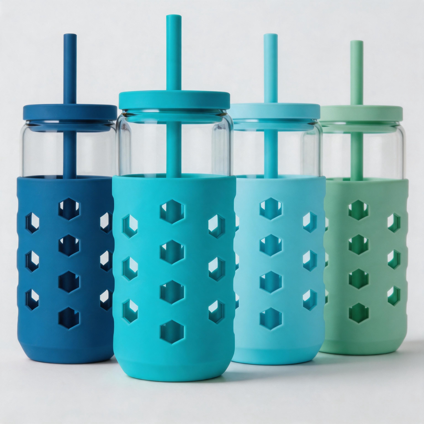 Micebay Glass Cups with Lids and Straws (4 Pcs), 20oz Drinking Glasses Set with Silicone Sleeves for Coffee Bar Accessories Iced Coffee Cups with Lids, Glass Tumbler Reusable for Gifts