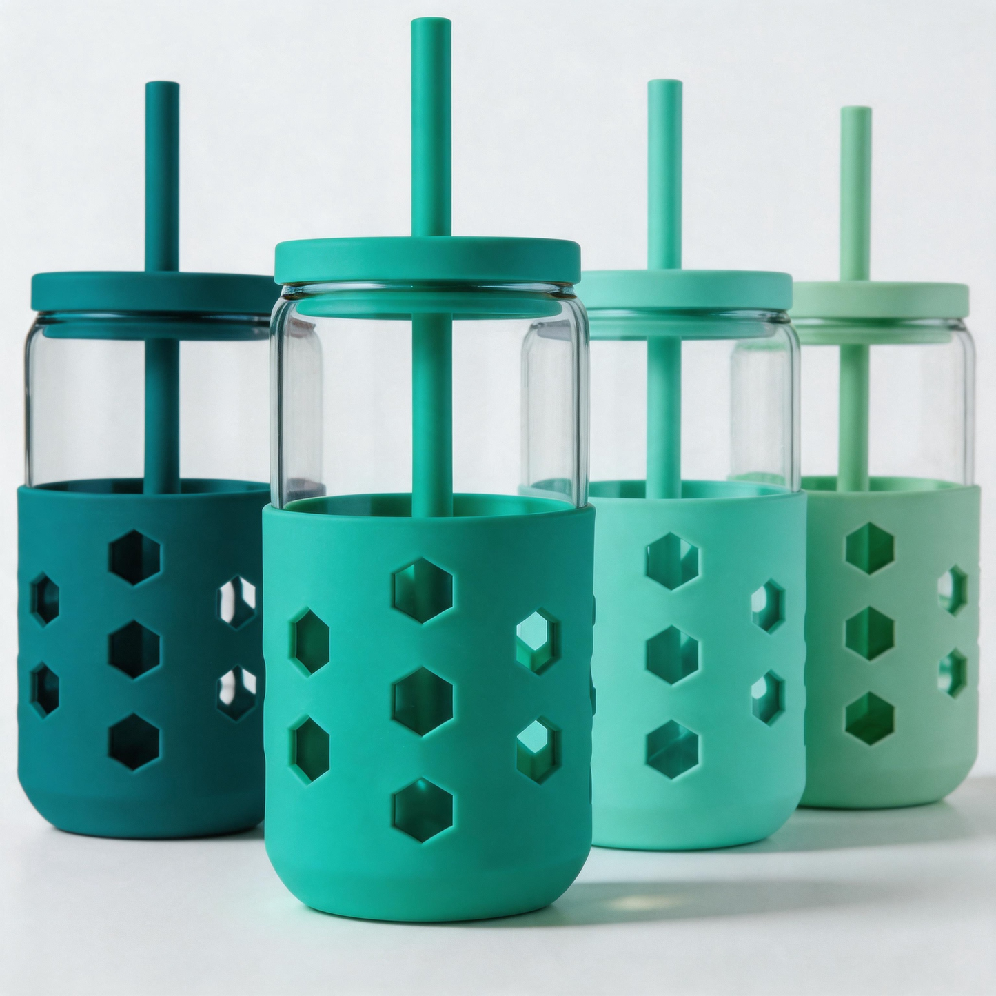 Micebay Glass Cups with Lids and Straws (4 Pack), 16oz Drinking Glasses Set with Silicone Sleeves for Coffee Bar Accessories Iced Coffee Cups with Lids, Glass Tumbler Reusable for Gifts
