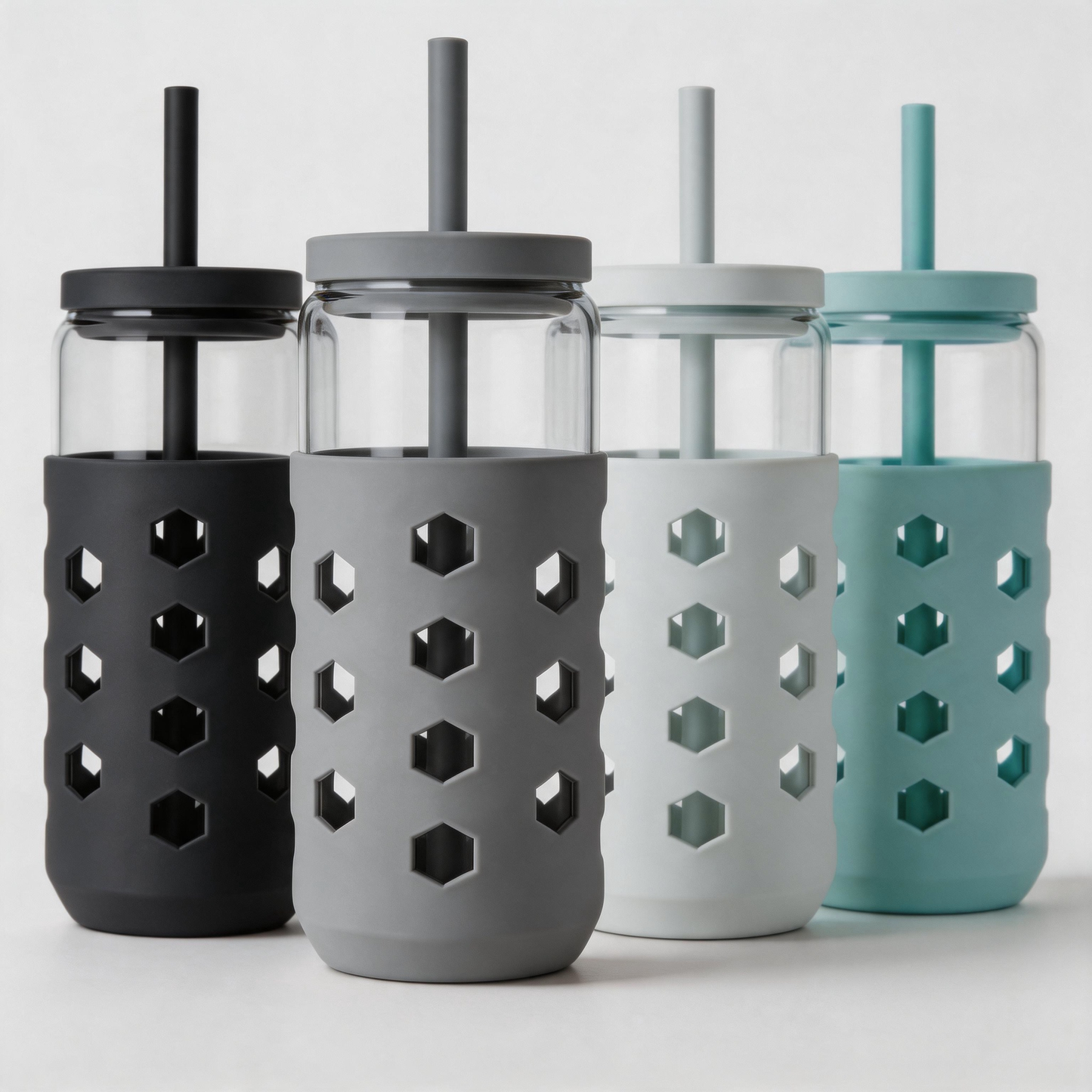Micebay Glass Cups with Lids and Straws (4 Pcs), 20oz Drinking Glasses Set with Silicone Sleeves for Coffee Bar Accessories Iced Coffee Cups with Lids, Glass Tumbler Reusable for Gifts
