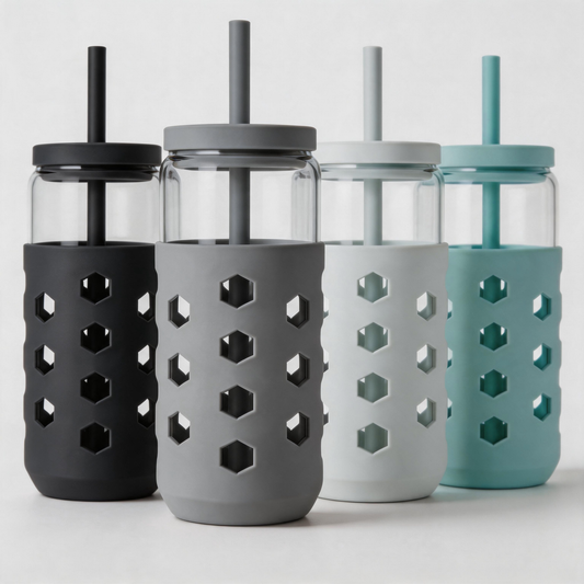 Micebay Glass Cups with Lids and Straws (4 Pcs), 20oz Drinking Glasses Set with Silicone Sleeves for Coffee Bar Accessories Iced Coffee Cups with Lids, Glass Tumbler Reusable for Gifts