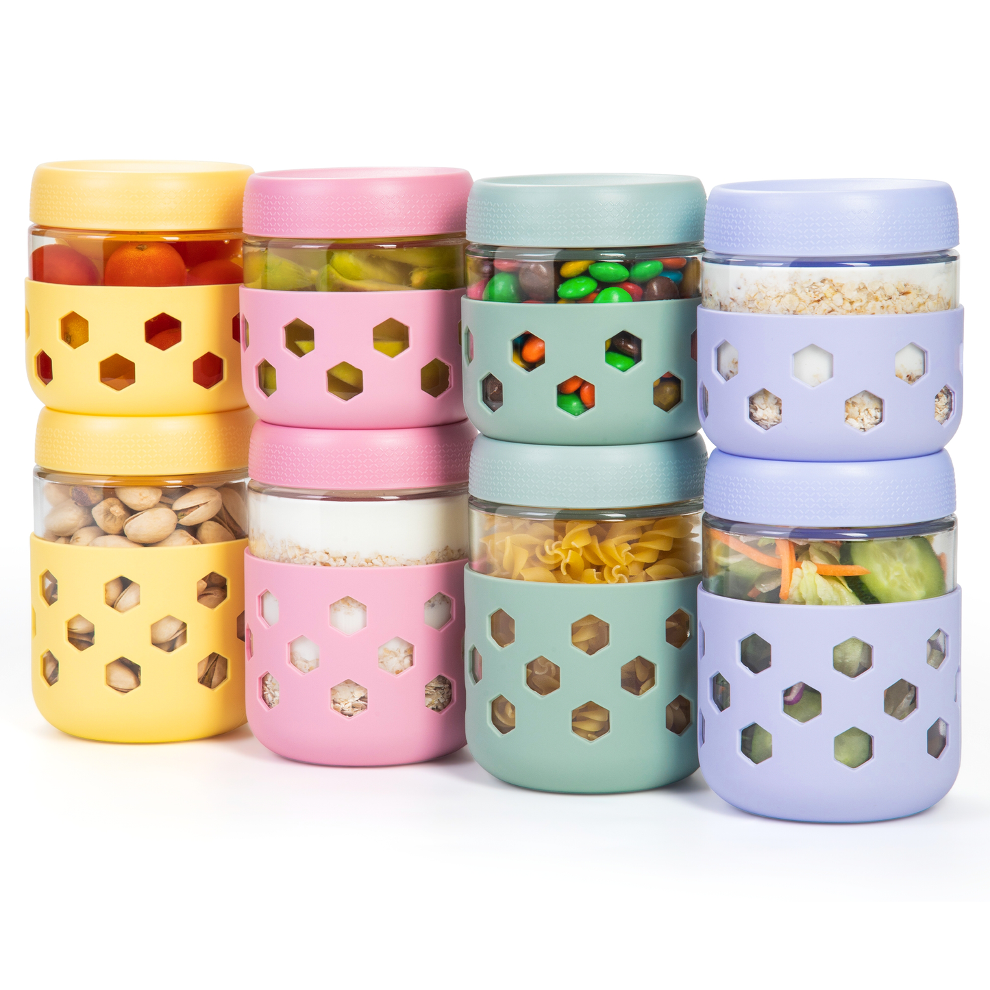Micebay 8-Pack 16oz & 10oz Overnight Oats Containers with Lids & Silicone Sleeves, Glass Mason Jars with Airtight Lid, Wide Mouth Chia Seed Pudding Meal Prep Jar for Yogurt Berries Snack