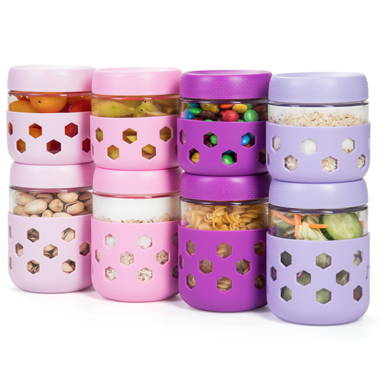 Micebay 8-Pack Overnight Oats Containers with Lids and Colorful Sleeves, 16 oz & 10 oz Airtight Glass Chia Pudding Mason Jars, Dishwasher Safe, Wide Mouth Meal Prep Jar for Yogurt Oatmeal