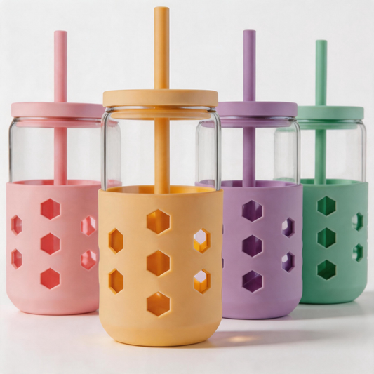 Micebay Glass Cups with Silicone Lids and Straws (4 Pcs), 16oz Drinking Glasses Set with Silicone Sleeves for Coffee Bar Accessories Iced Coffee Cups with Lids, Glass Tumbler Reusable for Gifts