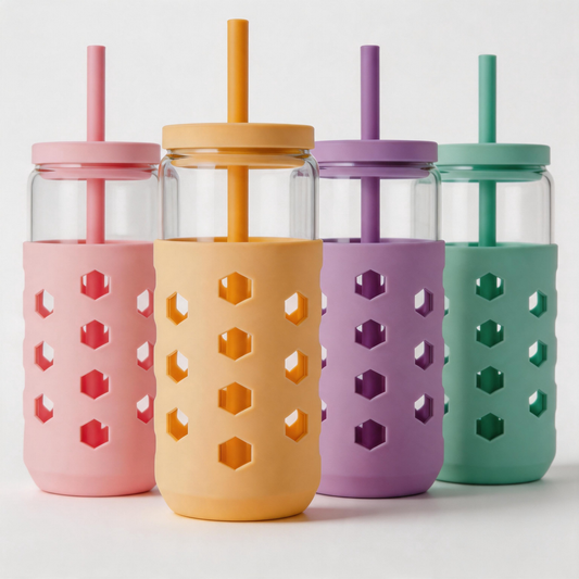 Micebay 20 oz Glass Cups With Lids and Straws, 4-Pack Iced Coffee Cup - Smoothie Cup With Silicone Lid and Sleeve for Coffee Bar Accessory, Cute Drinking Glasses Set Reusable Glass Tumbler for Gifts