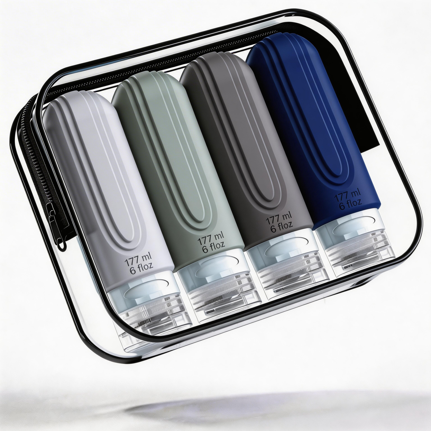 Micebay Leak-Proof 6-oz Silicone Squeezable Travel Bottles for Toiletries, Refillable Travel Size Containers, BPA Free, TSA Approved, Navy-Gray, 4 Pack