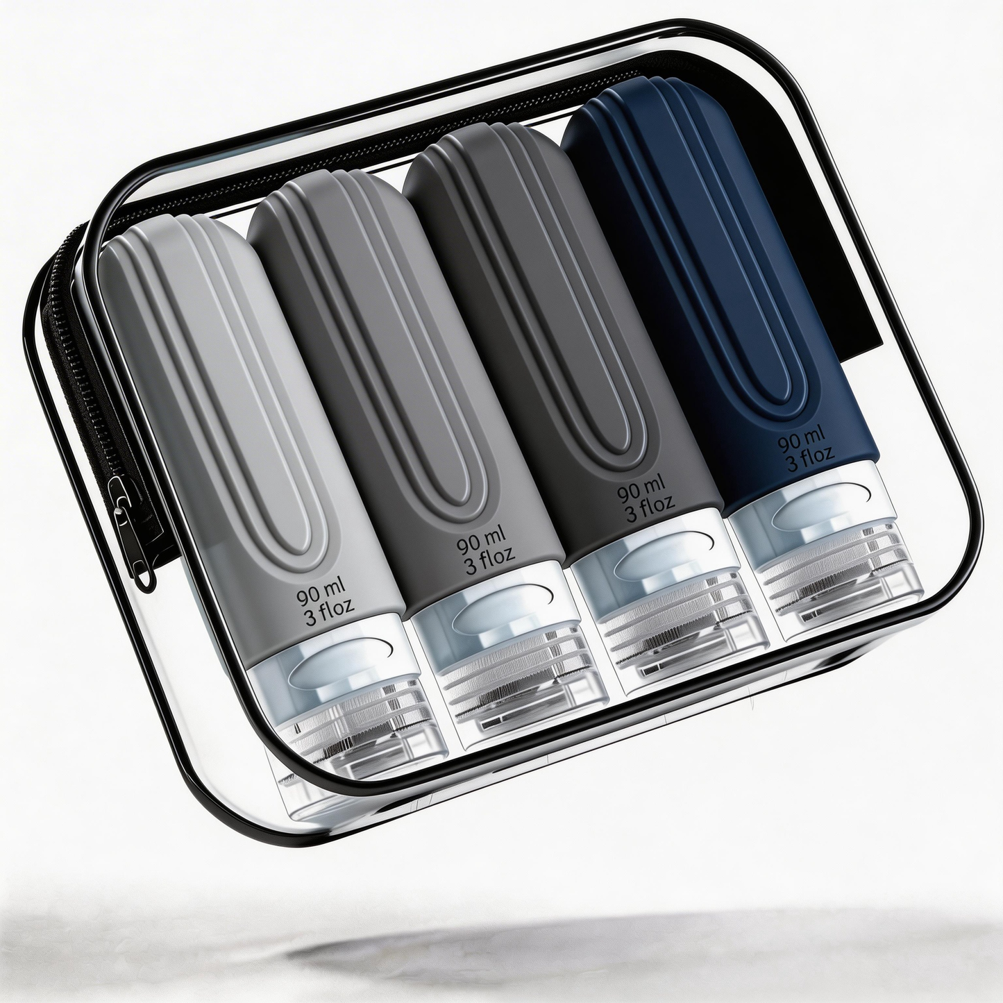 Micebay Leak-Proof 3-oz Silicone Squeezable Travel Bottles for Toiletries, Refillable Travel Size Containers, BPA Free, TSA Approved, Navy-Gray, 4 Pack