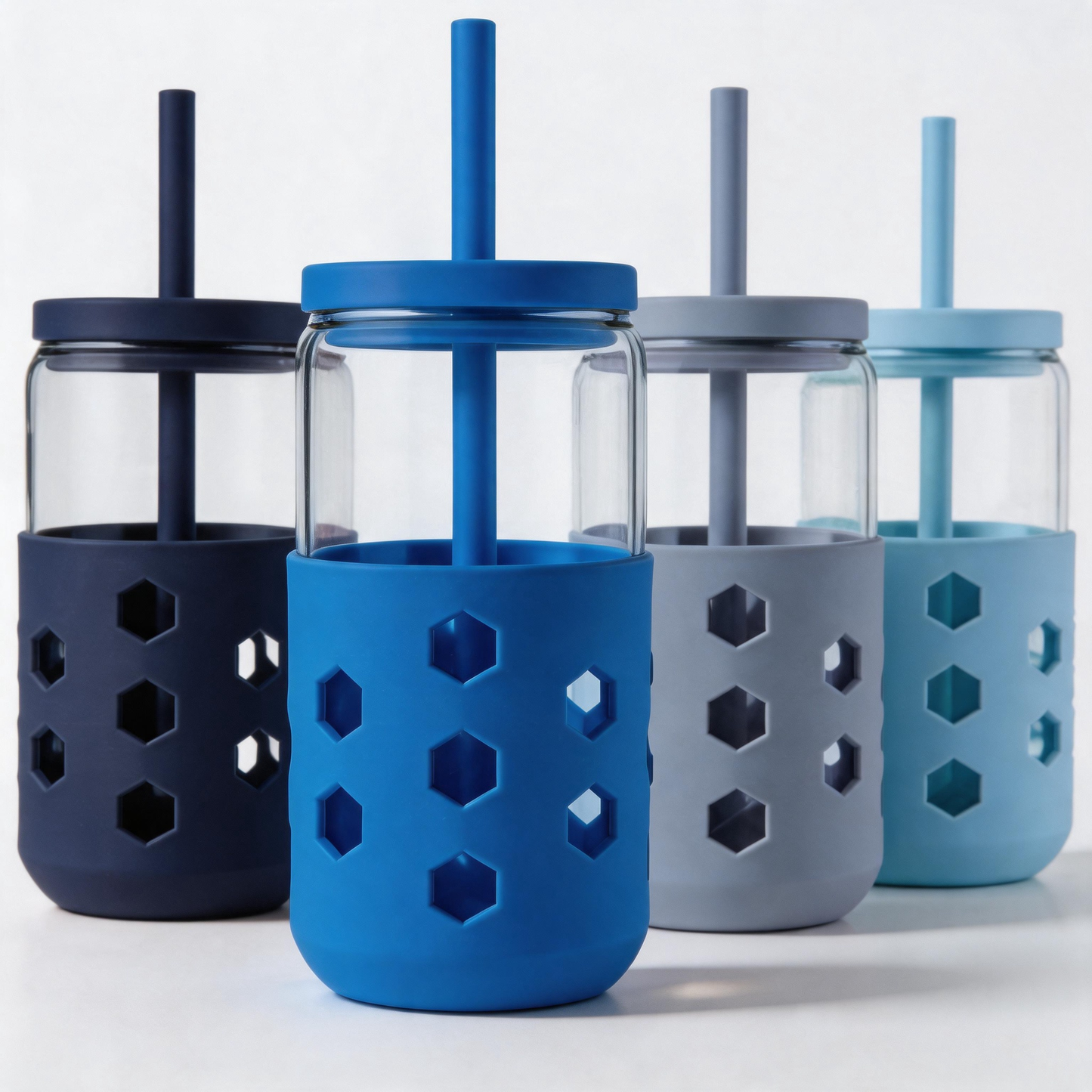 Micebay Glass Cups with Lids and Straws (4 Pack), 16oz Drinking Glasses Set with Silicone Sleeves for Coffee Bar Accessories Iced Coffee Cups with Lids, Glass Tumbler Reusable for Gifts