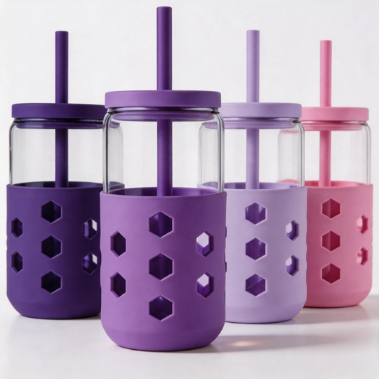 Micebay Glass Cups with Lids and Straws (4 Pack), 16oz Drinking Glasses Set with Silicone Sleeves for Coffee Bar Accessories Iced Coffee Cups with Lids, Glass Tumbler Reusable for Gifts