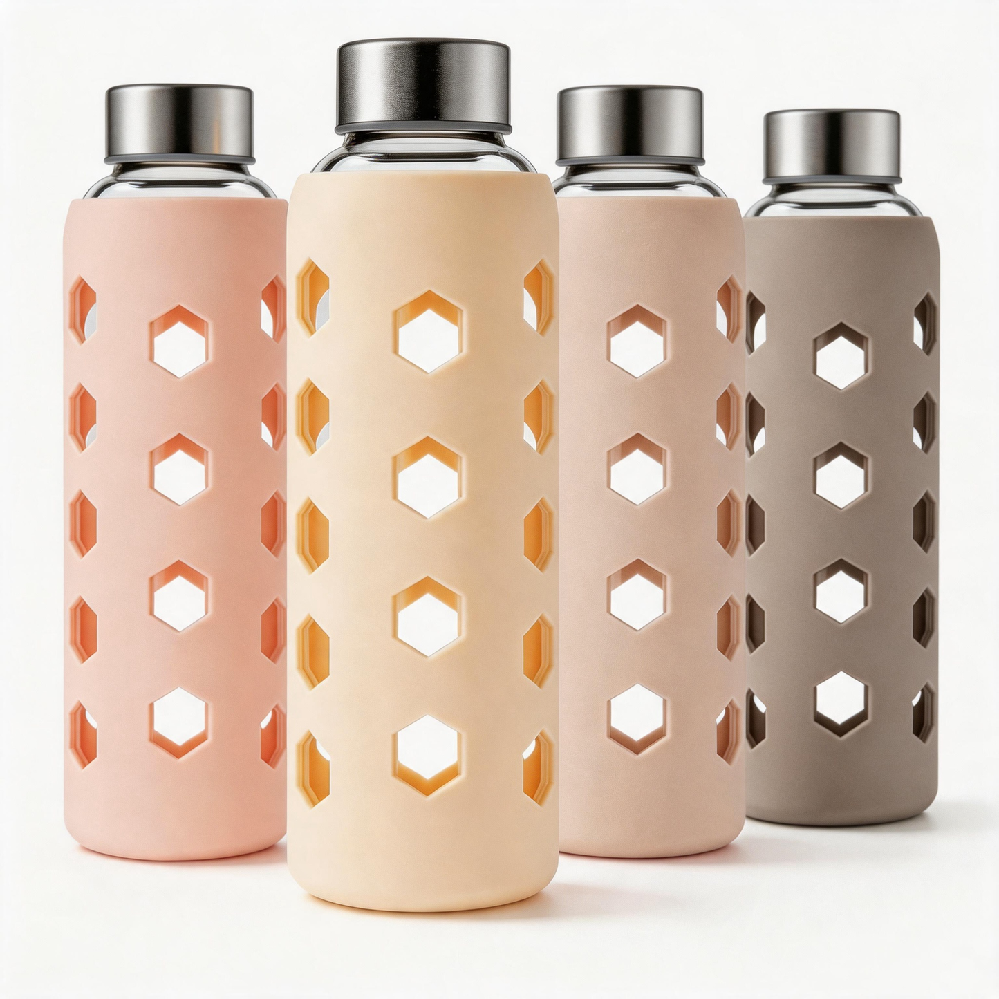Micebay Glass Juice Bottles with Lids and Silicone Sleeves 18 oz, 4-Pack Reusable Clear Glass Water Bottles with Stainless Steel Airtight Cap for Juicing, Refrigerator, BPA Free Leak-Proof Drinking Jar