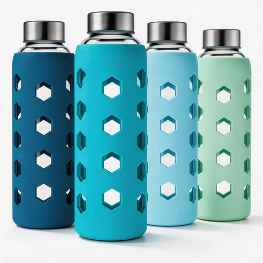 Micebay Glass Juice Bottles with Lids and Silicone Sleeves 18 oz, 4-Pack Reusable Clear Glass Water Bottles with Stainless Steel Airtight Cap for Juicing, Refrigerator, BPA Free Leak-Proof Drinking Jar
