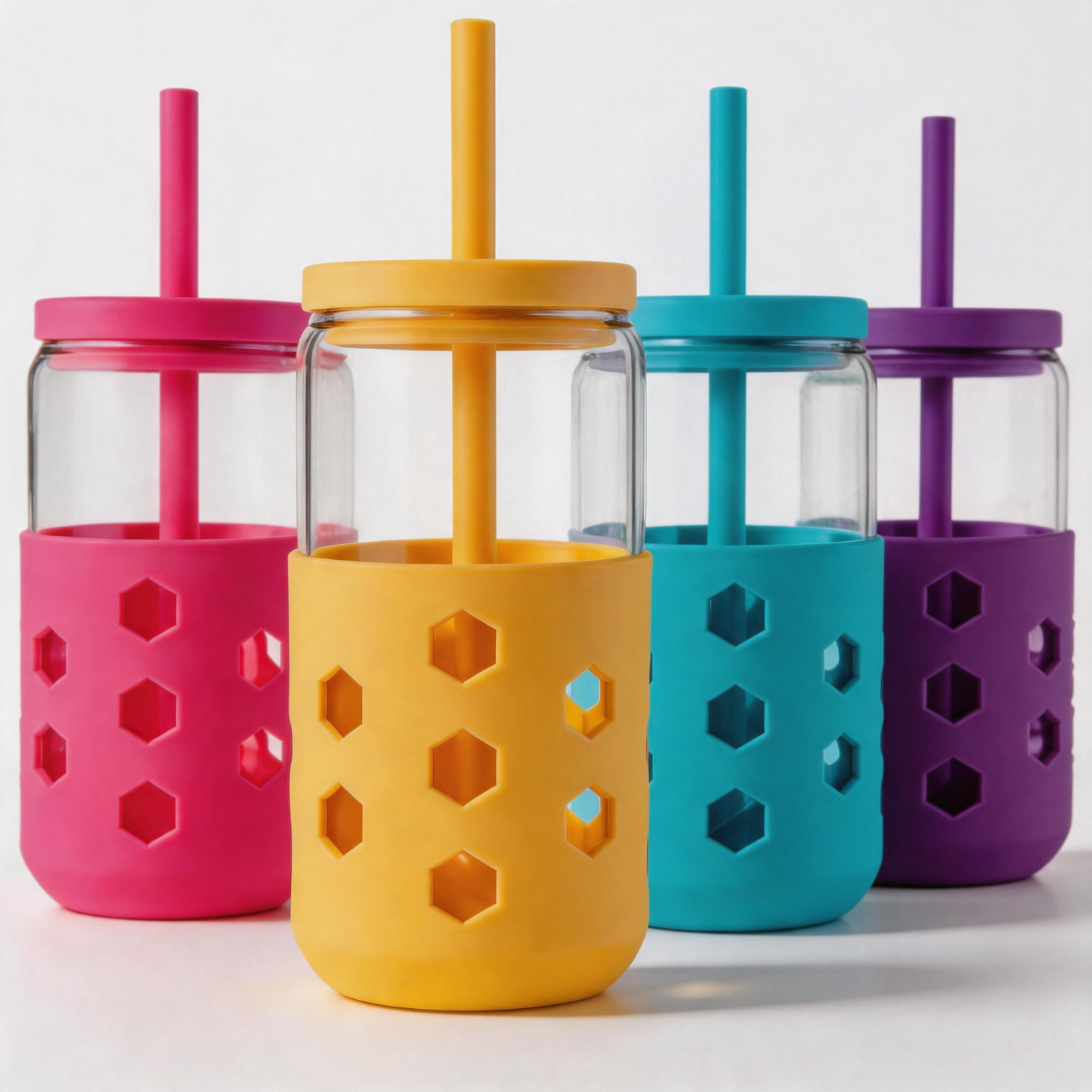 Micebay Glass Cups with Silicone Lids and Straws (4 Pcs), 16oz Drinking Glasses Set with Silicone Sleeves for Coffee Bar Accessories Iced Coffee Cups with Lids, Glass Tumbler Reusable for Gifts